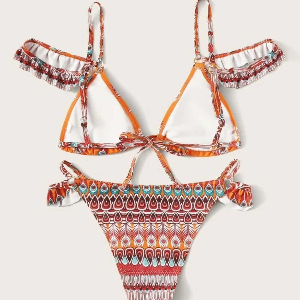 🏖Feather & Geometric Print Ruffle Bikini Set - Picture 5 of 9